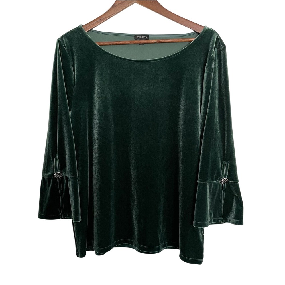 Talbots XL Emerald Green Velvet Top Jeweled Bell Sleeve Holiday Party Blouse